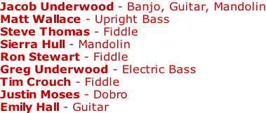 Jacob Underwood - Banjo, Guitar, Mandolin Matt Wallace - Upright Bass Steve Thomas - Fiddle Sierra Hull - Mandolin Ron Stewart - Fiddle Greg Underwood - Electric Bass Tim Crouch - Fiddle Justin Moses - Dobro Emily Hall - Guitar